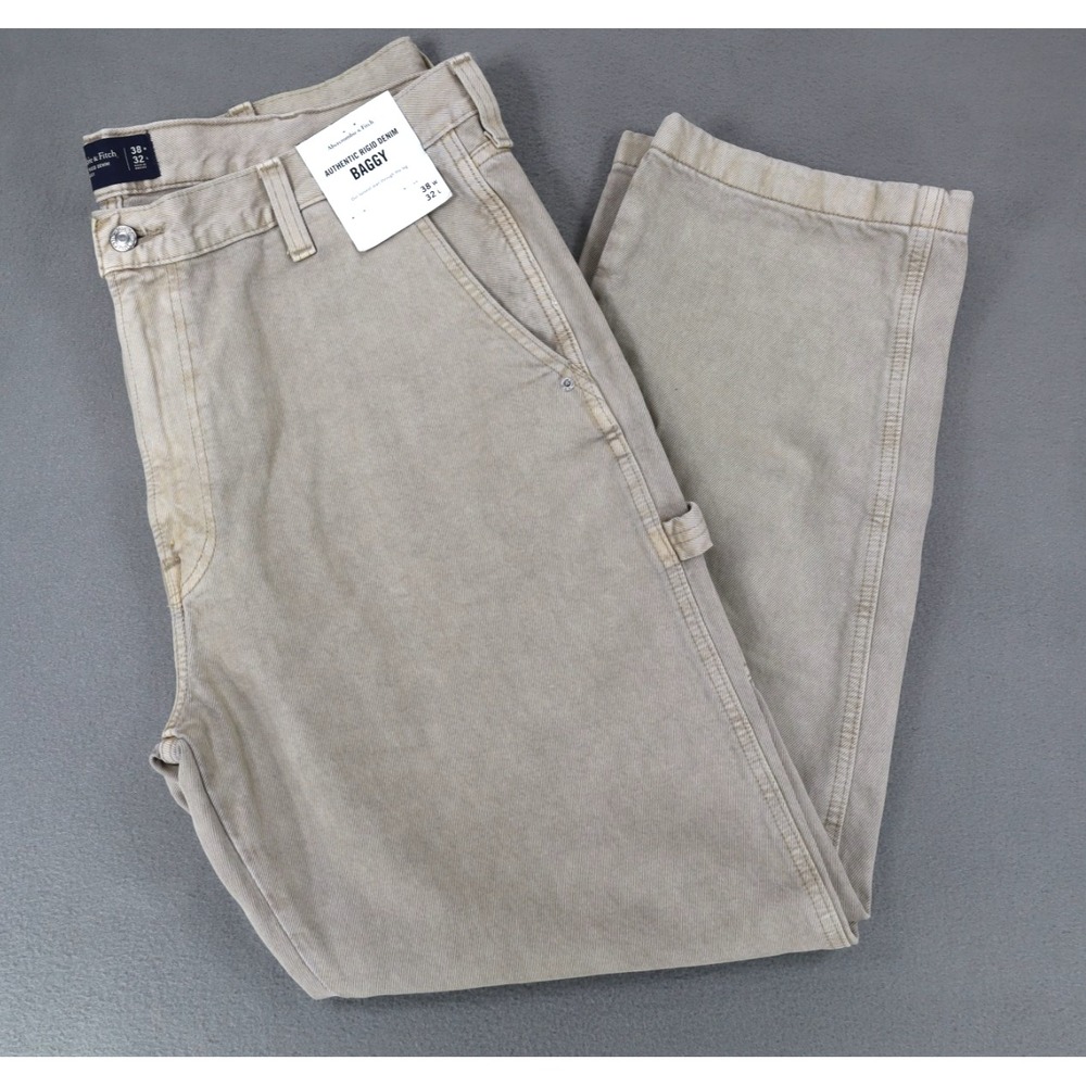 Abercrombie & Fitch Men's Baggy Worker Jean Beige Rigid Denim Sz 38x32 Carpenter